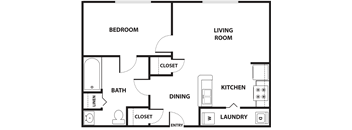 A floor plan of a home with a bedroom, living room, kitchen, bathroom, and laundry.