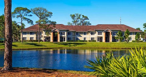 Waterfront View with Palm Trees and Building Exteriors