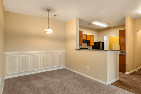 A kitchen area with a counter and cabinets.