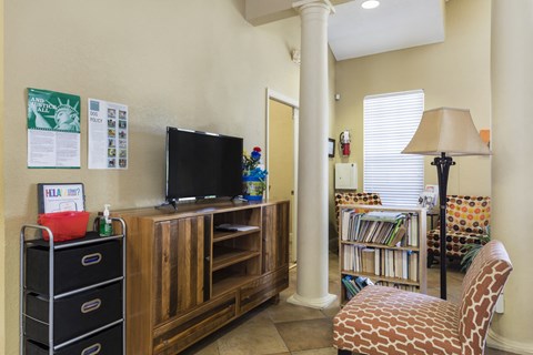 A living room with a TV, a chair, and a bookshelf.