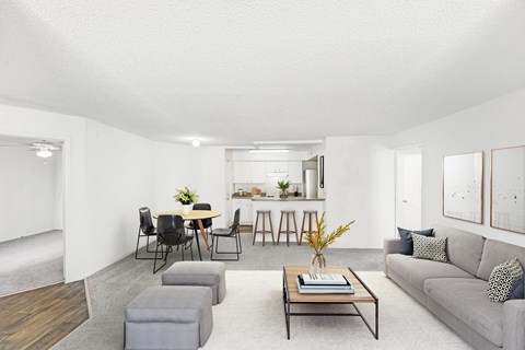 A living room with a grey couch, a coffee table, and a dining table with chairs.