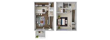 A 3D floor plan of a small apartment with two bedrooms, a living room, and a kitchen.