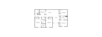 A floor plan of a house with a kitchen, dining room, living room, and four bedrooms.