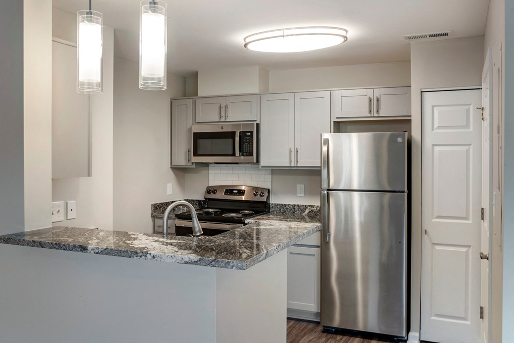 A renovated kitchen featuring hardwood style flooring, gray walls with white trim and doors, ash gray cabinets with brushed nickel pulls, granite countertops, stainless steel appliances, a single gooseneck faucet, and pendant lighting over the breakfast bar area. Appliances pictured include a refrigerator, stove/oven combo, and a built-in microwave.