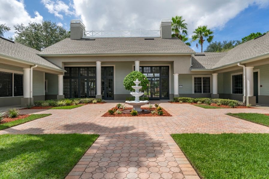 Outdoor courtyard with water fountain feature