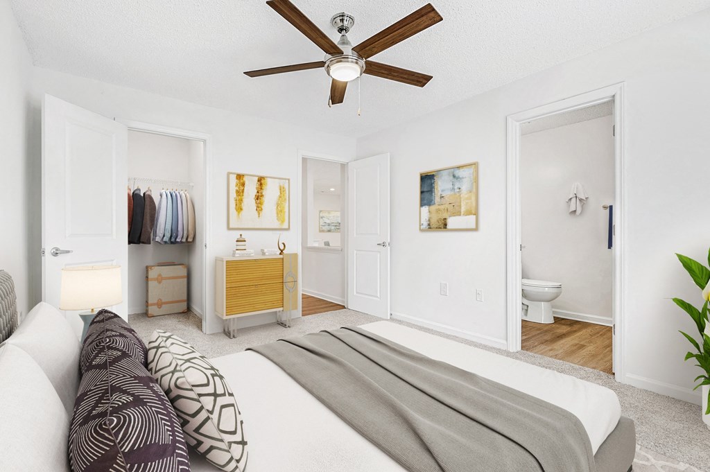 Bedroom With Ceiling Fan at The Grayson Apartment Homes, Charlotte