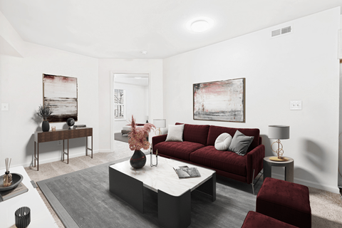A living room with a red couch and a grey rug.