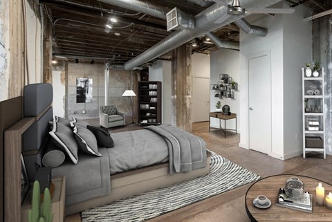 Large Bedroom with Exposed Ductwork and Polished Concrete Flooring with Virtually Placed Bed and Decorations