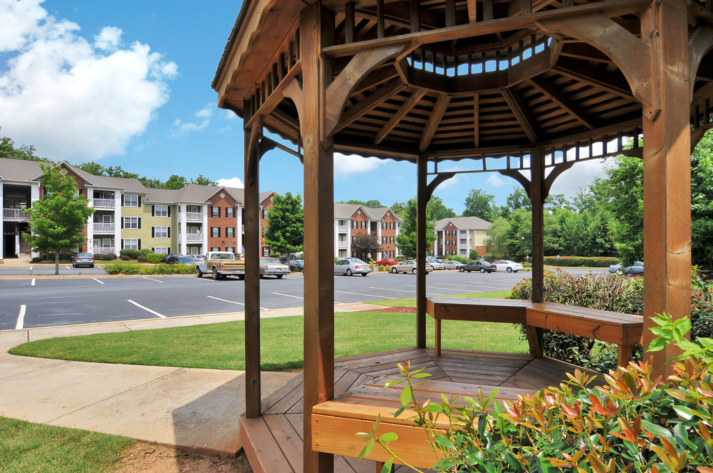 Gazebo with the apartment buildings in the background.