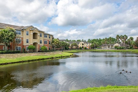 Apartment building exterior overlooking lake