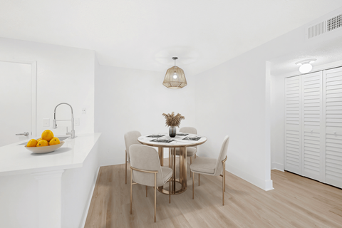 a dining area with a table and chairs and a kitchenette with a sink and a counter