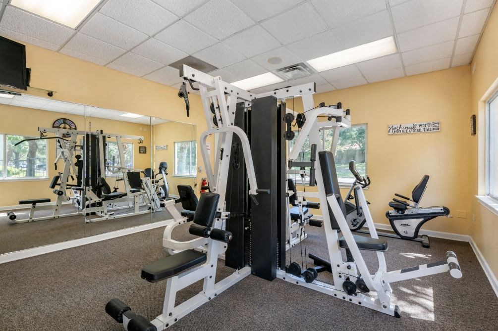 Fitness center with strength and conditioning equipment and large windows for natural lighting