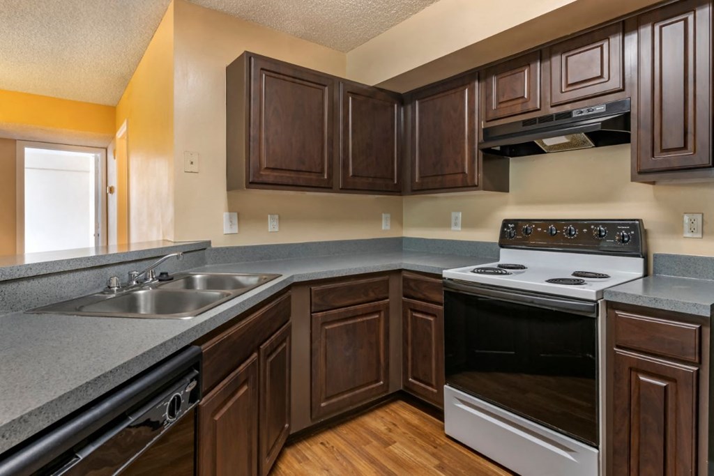Kitchen with hardwood style flooring, double basin sink, and dark espresso cabinetry