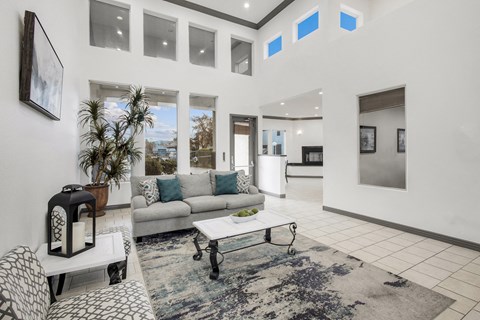 A modern living room with a grey sofa and a white coffee table.