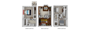 Three images showing the layout of a house from the lower floor, main floor, and upper floor.