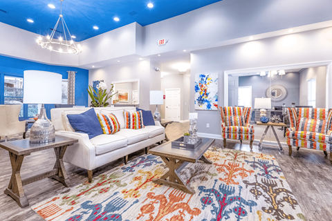 a living room with blue ceilings and a colorful rug at Elan at Mallard Creek Apartment Homes, Charlotte, North Carolina