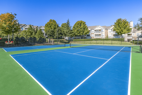 a blue and green tennis court with trees in the background at Elan at Mallard Creek Apartment Homes, Charlotte