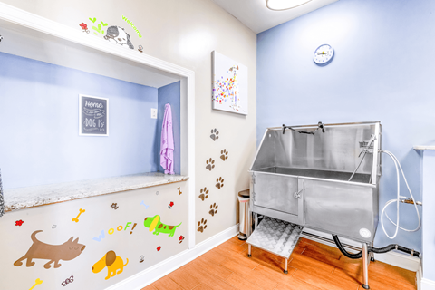 a laundry room with a tub in the corner and a shelf on the wall at Elan at Mallard Creek Apartment Homes, North Carolina, 28269