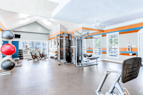 a home gym with exercise equipment and windows at Elan at Mallard Creek Apartment Homes, Charlotte, NC, 28269