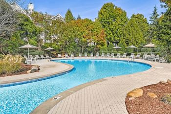 A large outdoor swimming pool surrounded by trees and chairs at Elan at Mallard Creek Apartment Homes, Charlotte, NC, 28269