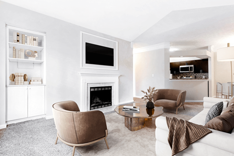 a living room with a fireplace and a tv above it at Elan at Mallard Creek Apartment Homes, Charlotte, NC, 28269