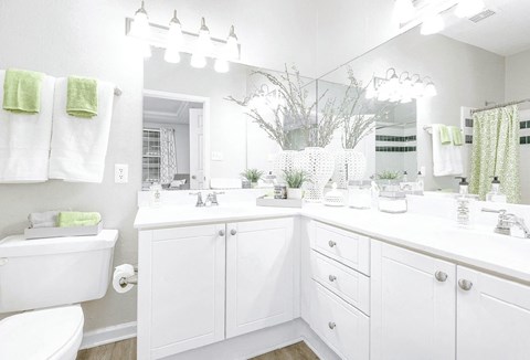 A white bathroom with a toilet, sink, and mirror at Elan at Mallard Creek Apartment Homes, Charlotte, North Carolina