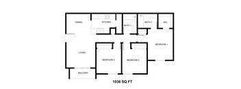 A floor plan of a house with a living area, dining area, kitchen, three bedrooms, a bathroom, and a balcony.