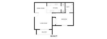 A floor plan of a 592 square feet home with a living room, dining room, kitchen, bedroom, and bathroom.