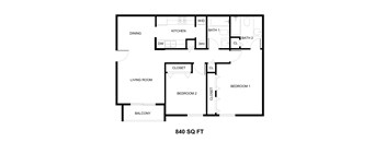 A black and white image of a floor plan for an 840 square foot home.