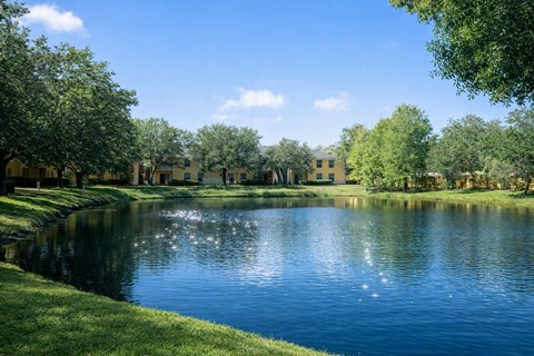 A serene lake surrounded by lush greenery and buildings in the distance.