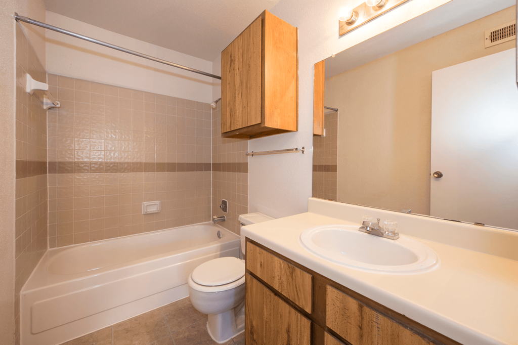 a bathroom with a sink toilet and a bath tub