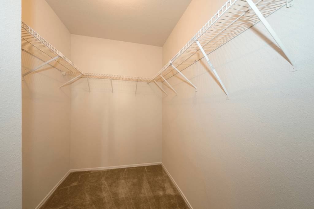 our spacious closets are equipped with shelves and hooks for clothes