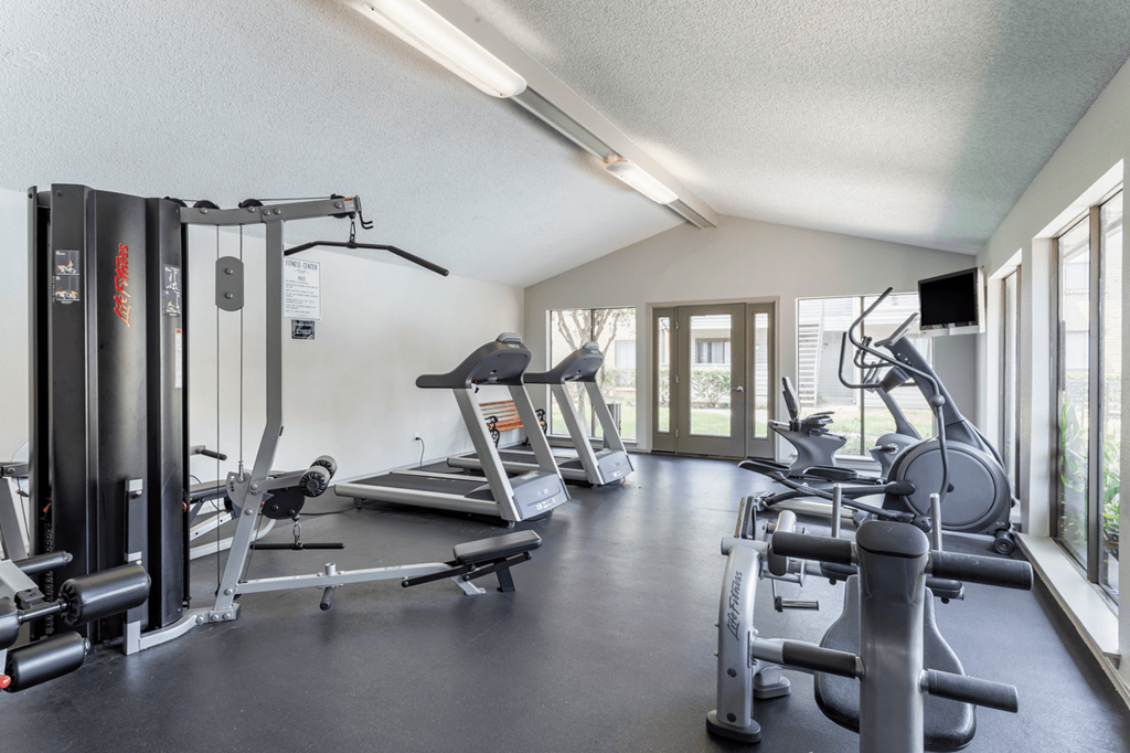 the gym is equipped with cardio equipment and weights