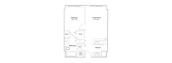 A floor plan of a small apartment with a bedroom, living room, kitchen, bathroom and two closets.