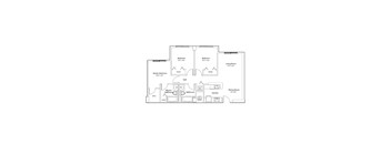 A floor plan of a house with two master bedrooms, two bathrooms, a living room, dining room, kitchen, and a hall.