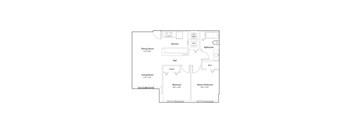 A floor plan of a house with a kitchen, living room, dining room, bathroom, hall, closet, and two bedrooms.