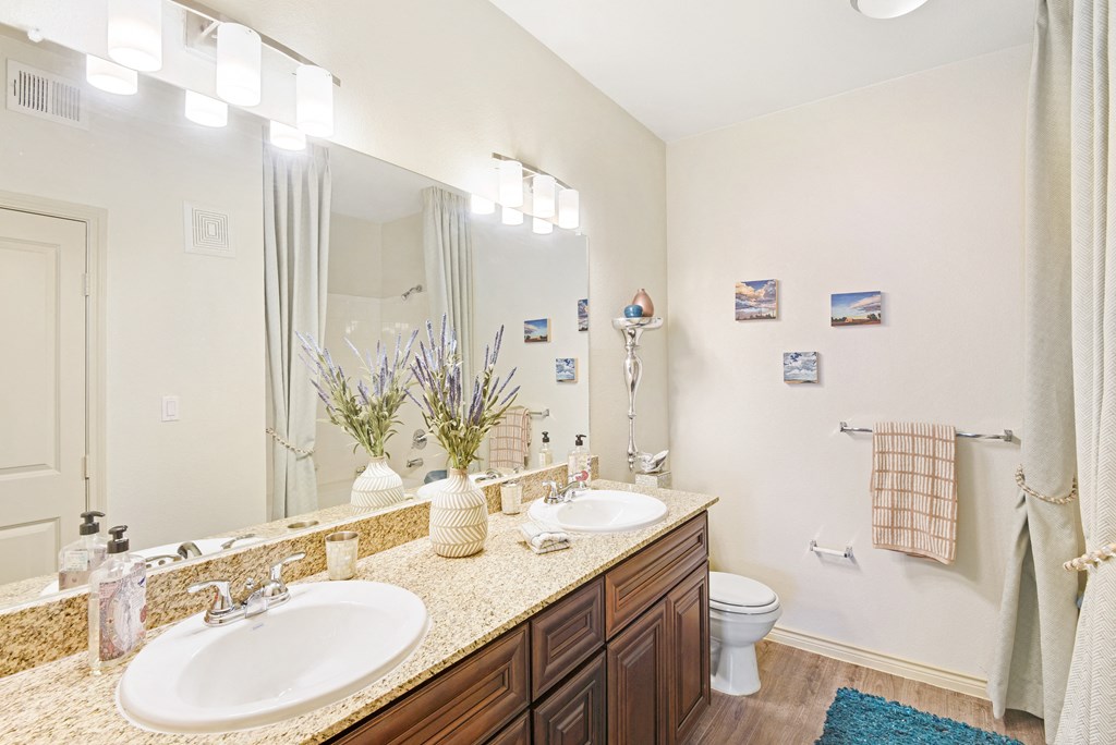 a bathroom with two sinks and a toilet