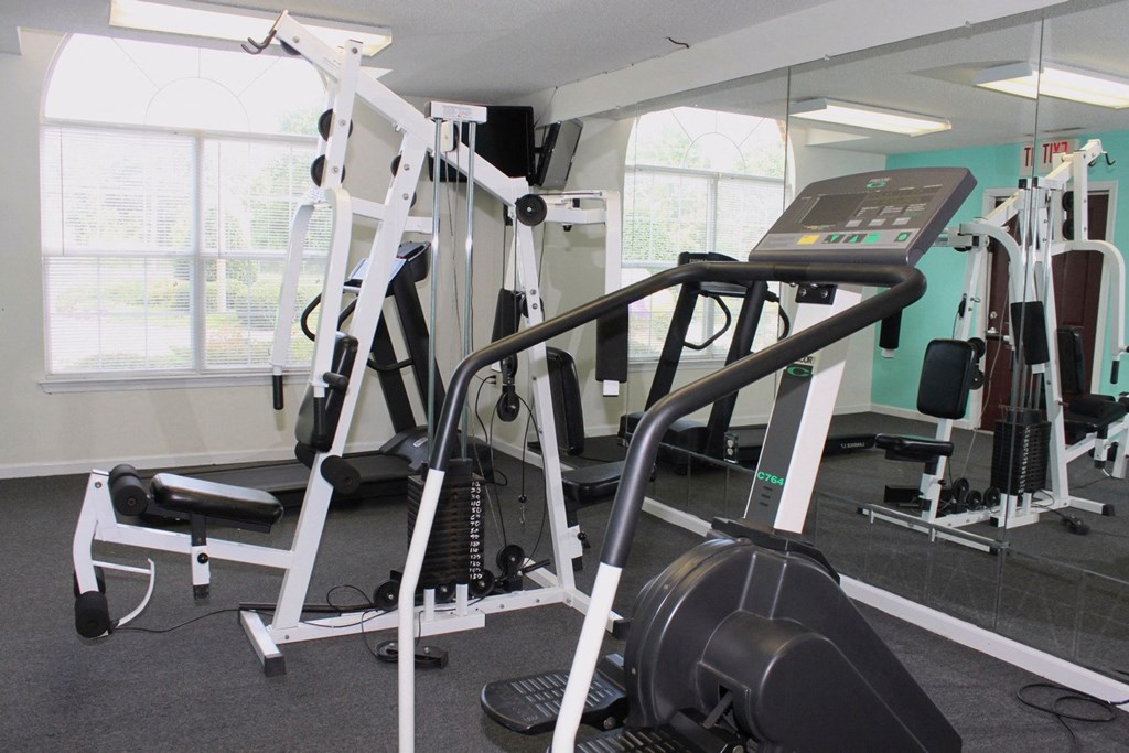 Fitness room with two pieces of workout equipment