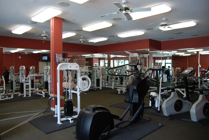 a gym with a lot of exercise equipment in it