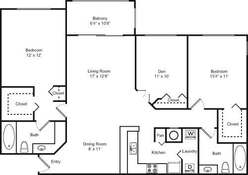 2 Bedroom 2 Bathroom with Den Floor Plan