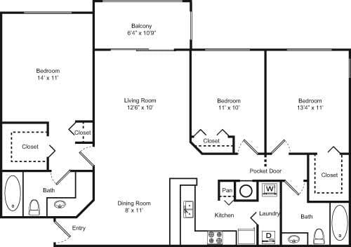 3 Bedroom 2 Bathroom Floor Plan