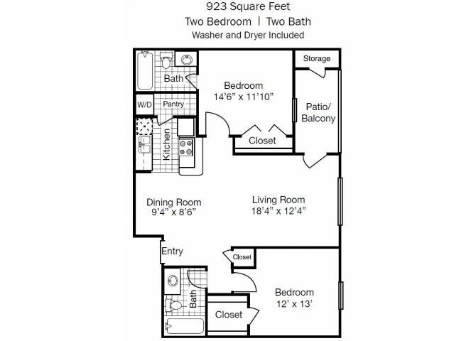 Two Bedroom Two Bathroom Floor Plan 923 Square Feet