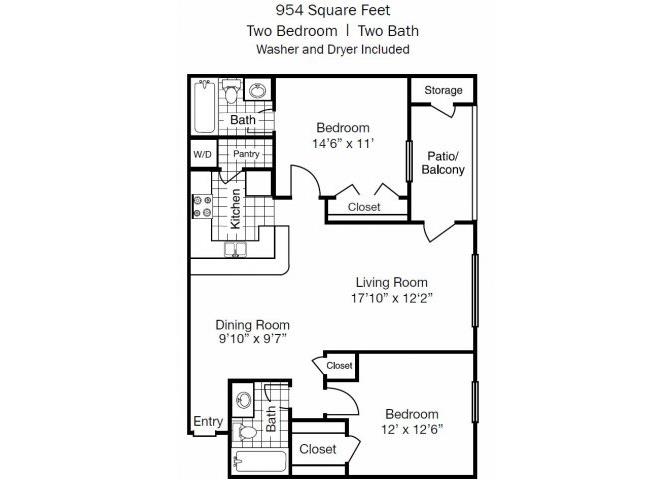 Two Bedroom Two Bathroom 954 Square Feet