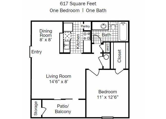 One Bedroom One Bathroom 617 Square Feet