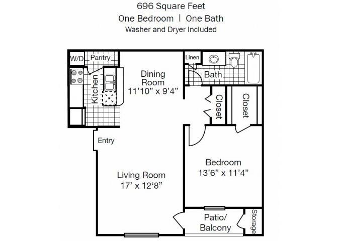 One Bedroom One Bathroom 696 Square Feet