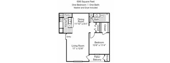 One Bedroom One Bathroom 696 Square Feet