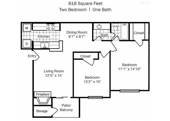 Two Bedroom One Bathroom Floor Plan 818 Square Feet