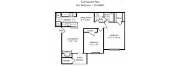 Two Bedroom One Bathroom Floor Plan 818 Square Feet