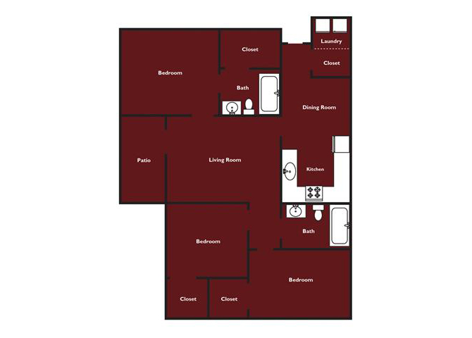 Three bedroom three bathroom floorplan