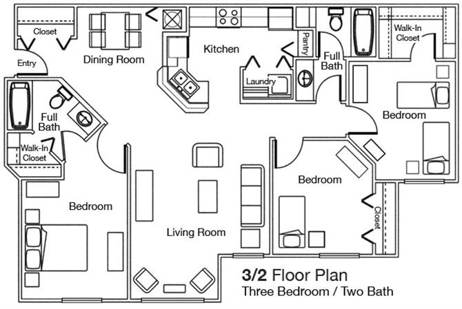 3 Bedroom 2 Bathroom Floor Plan